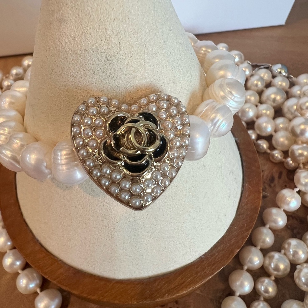 CHANEL White Pearl Bracelet with Black Camellia Heart. Upcycled authentic button